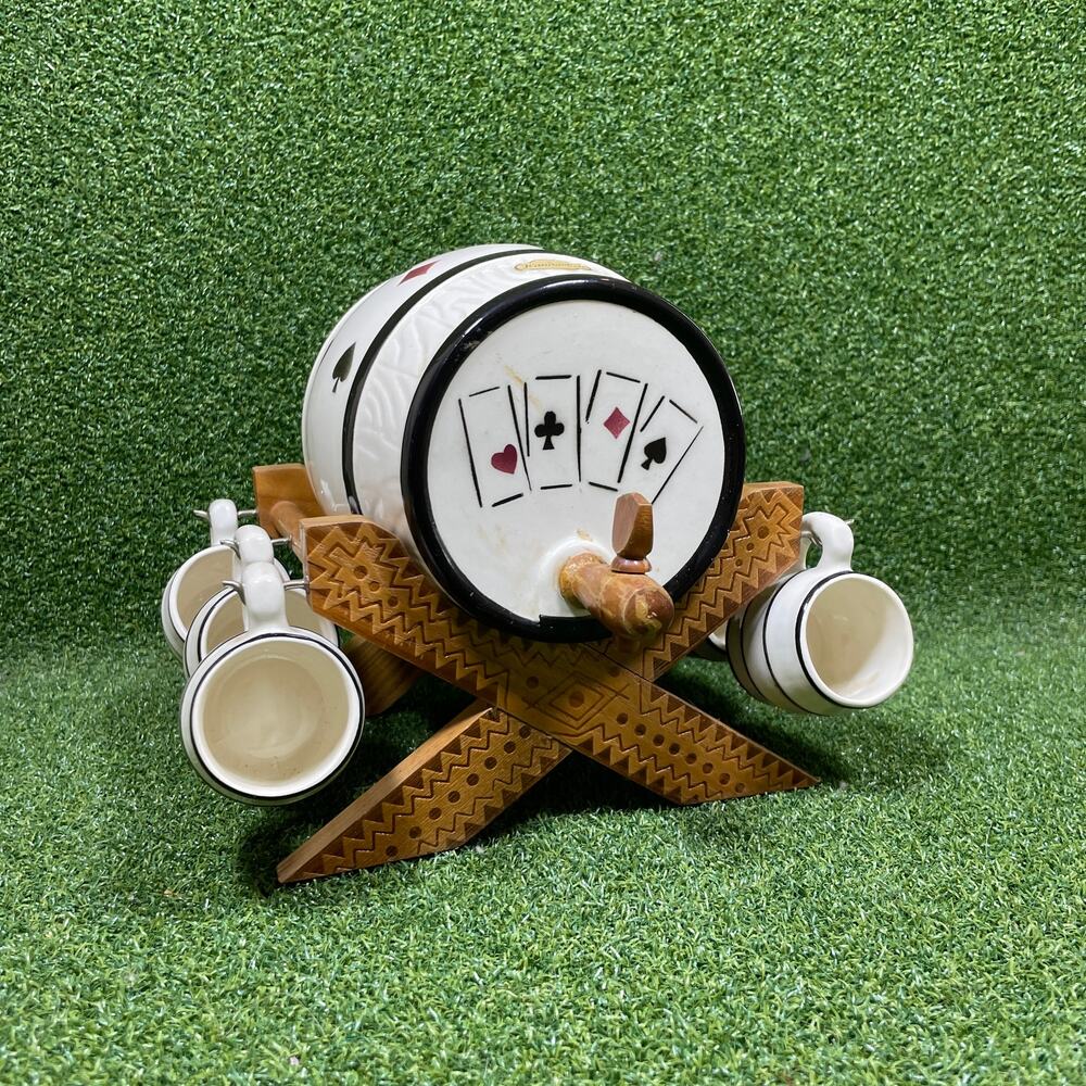 Vintage Ceramic Liquor Barrel Drink Dispenser Wooden Stand and Mini Tankard Mugs